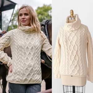 Inis Crafts Cream 100% Irish Merino Wool Knit Fisherman Turtleneck Sweater Women